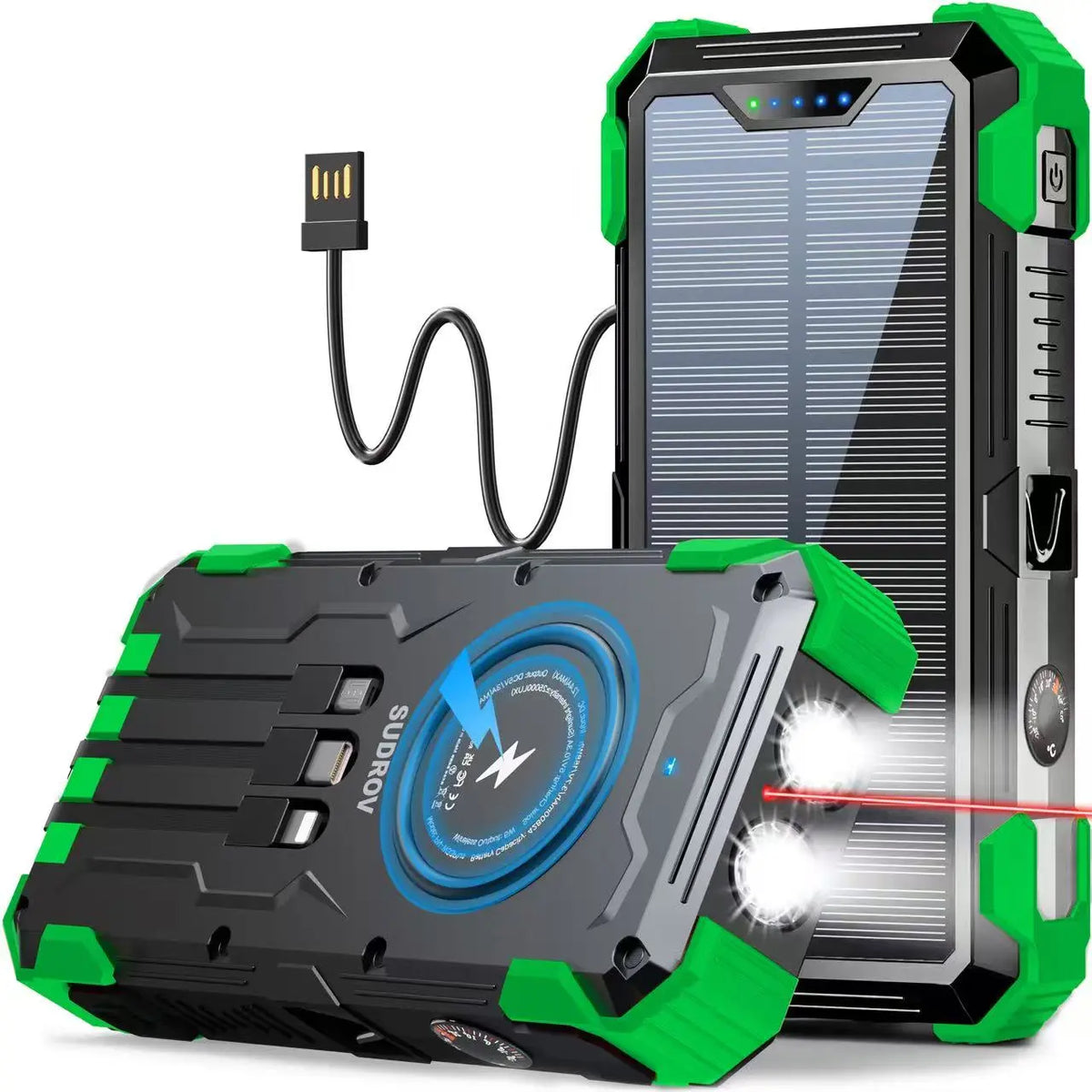 42800mAh Solar Portable Power Bank 15W Fast Charge | Wireless Charging, 4 Built-in Cables & 7 Output Ports
